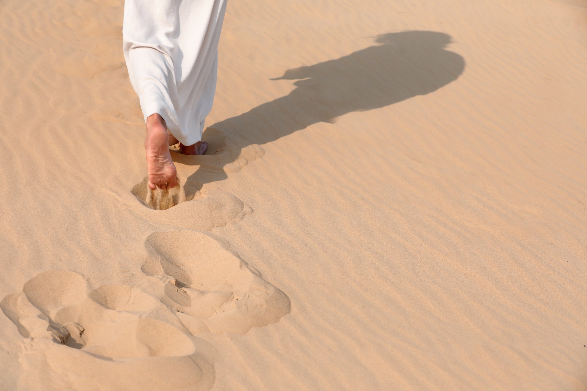 Jesus Christ Walking in Desert, Closeup. Space for Text